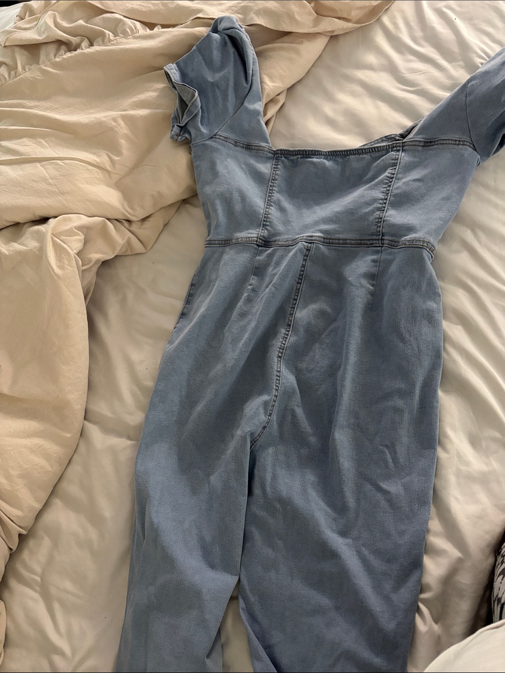Women's Light Blue Denim Jumpsuit with Short Sleeves